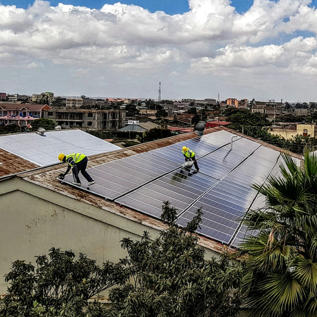 Photo depicts roof mounted solar power plant on a factory roof in Kenya in Africa