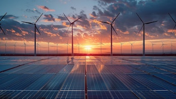 Globally driven by ESG, wind solar zero climate action. Concept Sustainable Energy, Climate Action, ESG Investing, Net Zero, Solar Energy